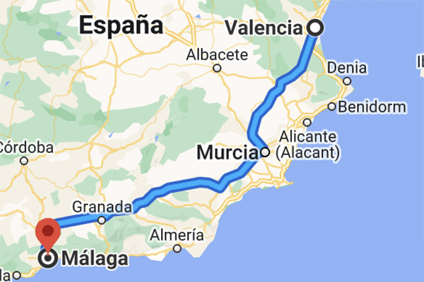 Mapa de Valencia a Malaga en coche
